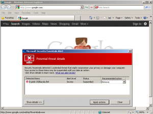 Google com Appointed as Malware by Microsoft Security Essentials 2