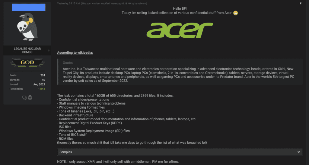 Acer breached data being sold