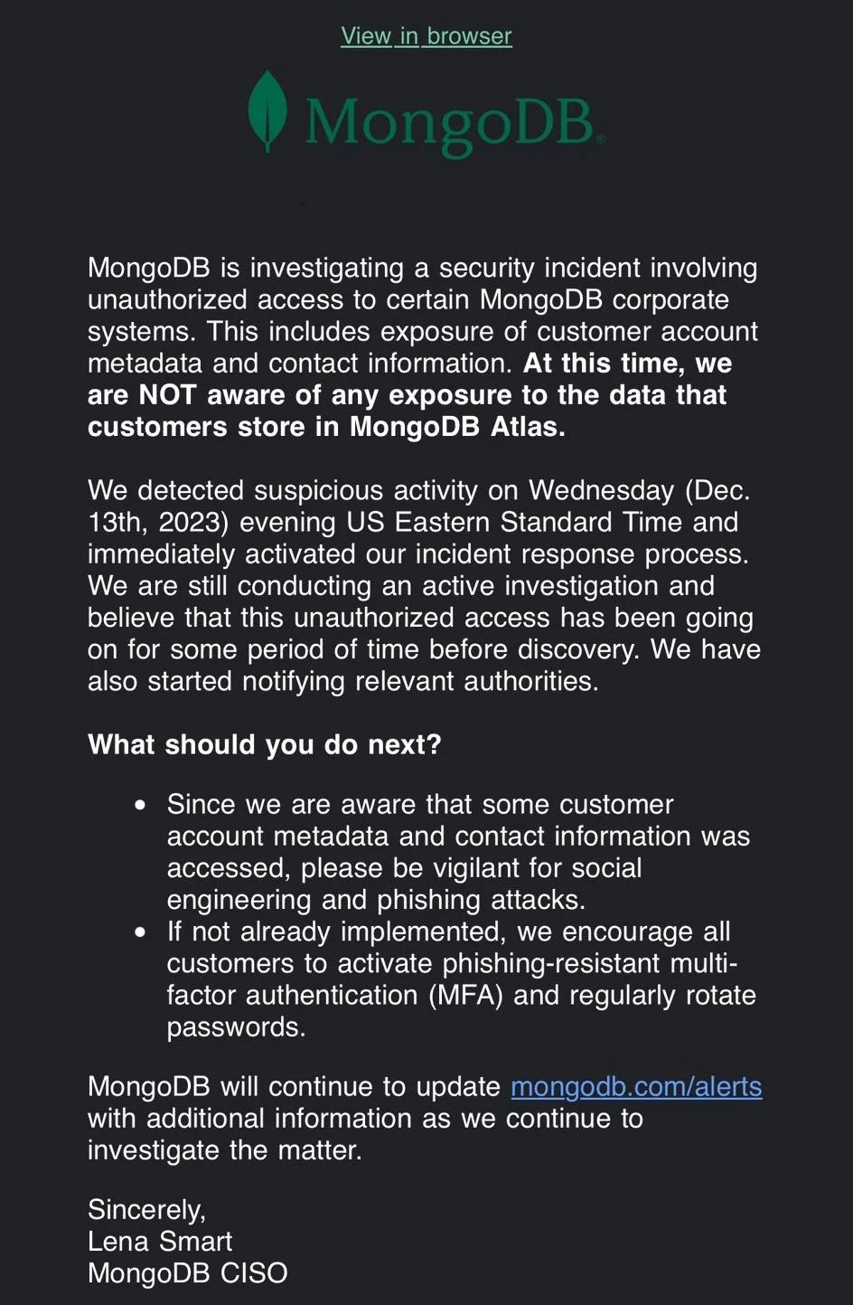 MongoDB Breached Notification to customers