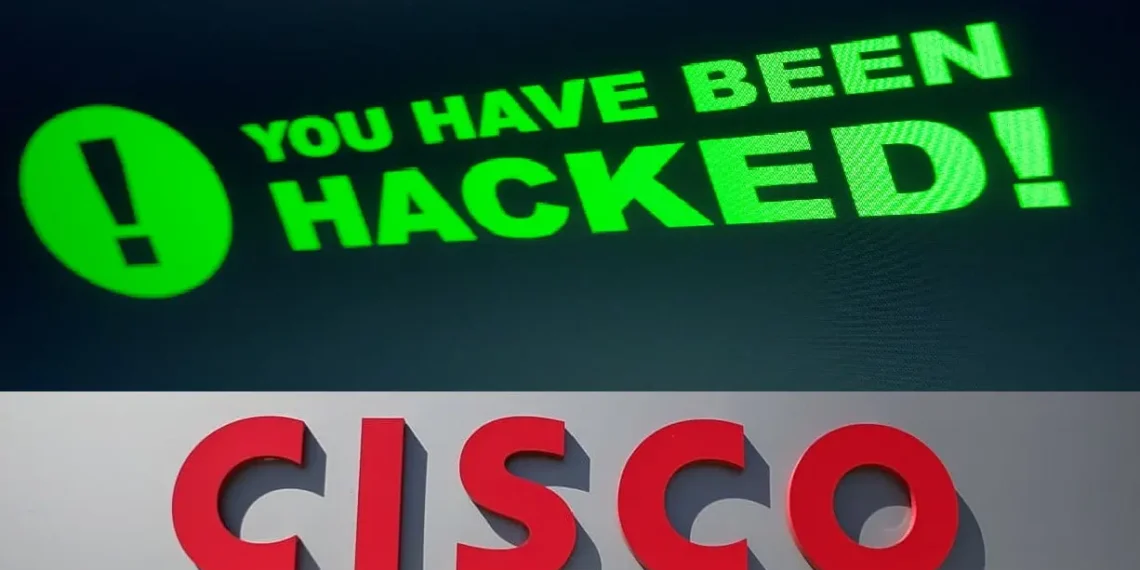 Photo of the CISCO logo and text saying "You have been hacked!"